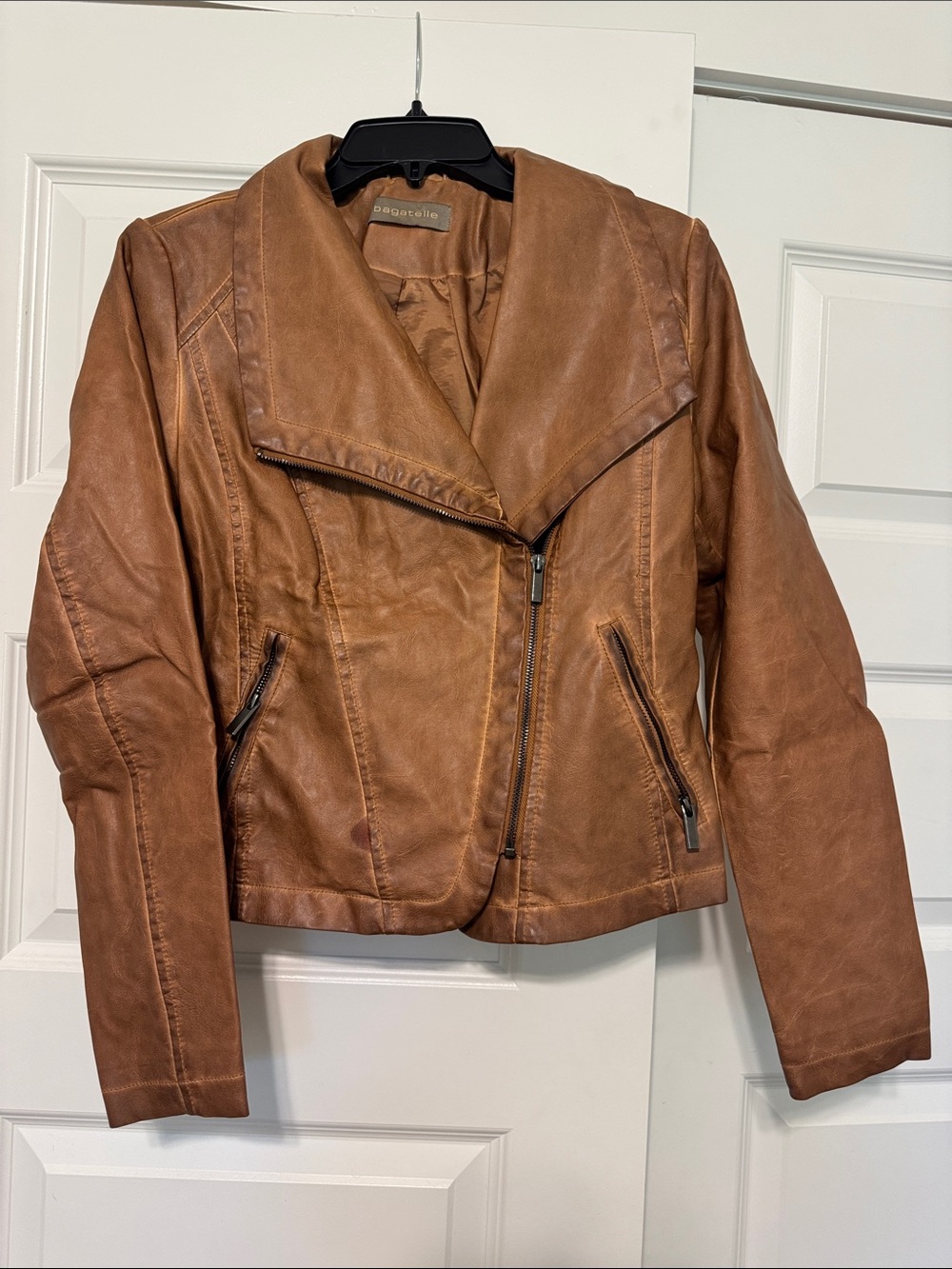 bagatelle Women's Tan Faux Leather Asymmetrical Zip Jacket